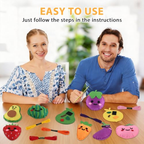 ZOIIWA Fruit Sewing Kit for Kids Sewing Felt Plush Stuffed Ornament Fruit Vegetable Kids Felt Kit DIY Art Craft Food Embroidery Keychain Christmas Gift for Beginner Ages 4+ Educational Learn to Sew