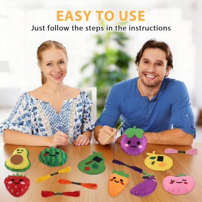 ZOIIWA Fruit Sewing Kit for Kids Sewing Felt Plush Stuffed Ornament Fruit Vegetable Kids Felt Kit DIY Art Craft Food Embroidery Keychain Christmas Gift for Beginner Ages 4+ Educational Learn to Sew
