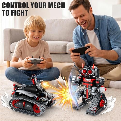 STEM Robot/Tank/Tracked Combat Vehicle 3-in-1 Transforming Mecha RC Car Building Kit for Boys 6-12, Remote & APP Controlled Coding Gear, 419 Pcs Learning Educational Blocks Toy Gift for Kids - color: Red
