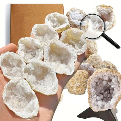 8pcs Natural Quartz Caves Knock Open in The Middle 1.2-2 inch White geode Set with Magnifying Glass and Display Stand Ideal for School Gifts and Prizes（Morocco White geode 8pcs Set） - color: Morocco White Geode 8pcs Set
