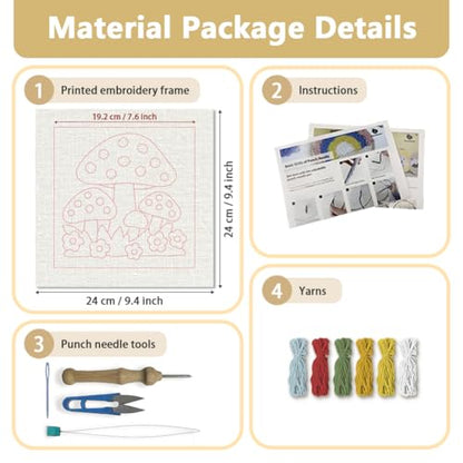 Doodlream Mushroom DIY Punch Needle Embroidery Kit for Adult Beginner, 9.4" Mushroom Punch Stitching Craft Set for Starter with Frame, Fabric Pattern, Threader, Yarn, Pinch Needle - color: Mushroom
