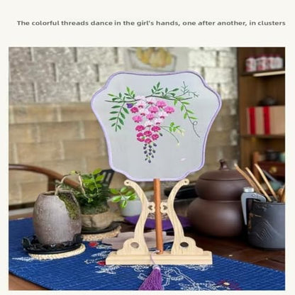 QIZUOLIFE Embroidery Fan Kit for Beginners, pre-Printed Wisteria Pattern - style: Wisteria's Graceful Dance