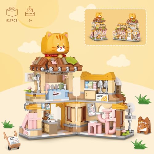 Street View Cute Cat Shop Mini Building Blocks, MOC Creative Building Toys Cute Animals Building Set for Girls 6-12, Simulation Architecture Construction Toy, Gift Idea for Kids Adults (917 PCS) - style: Cat Shop