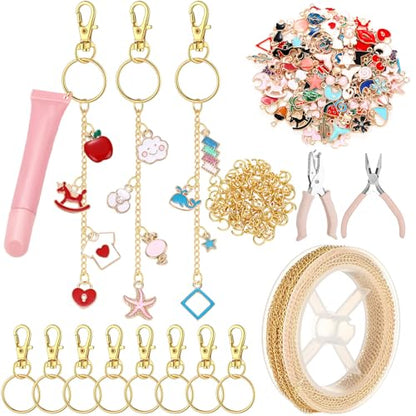 VioraWhite 213 Pcs Keychain Making Kit Bag Charm Kit Stylish Lip Gloss Keychain Making 100 Pink Enamel Charms 32.81 ft Gold Chains for DIY Crafts Women - style: Stylish