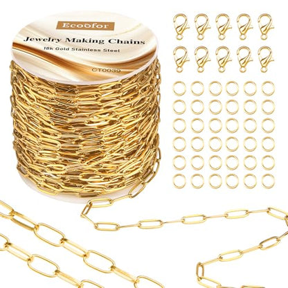 33 Ft 18k Gold Stainless Steel Paperclip Chains Roll - 3mm Width, Gold Plated Chain with Jump Rings & Lobster Clasps - color: Gold 18k 33 Feet 1 Roll 3mm
