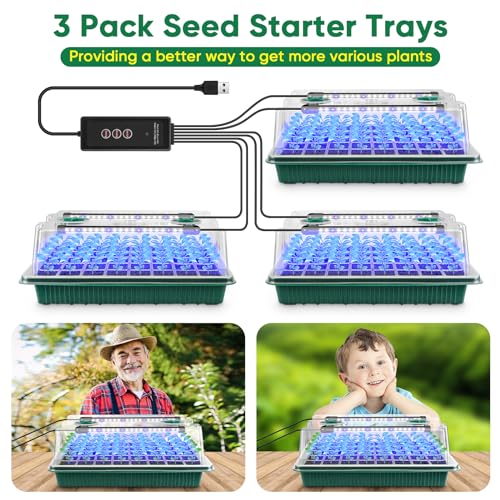 BlumWay Seed Starter Tray with Grow Light, Humidity Dome, 3 Pack 120 Cells - size: 3 Pack 120 Cells