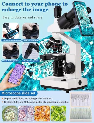 Microscope for Adult,with7'' HD Display,WF10&25X Eyepieces,40-5000X Magnification,Dual Mechanical Stages and Abbe Condenser,Includes 40 PCS Specimens,Suitable for Labs & Schools