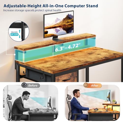 DurayLoly 32" Office Desk with Power Outlet & Fabric Drawer,Rustic Brown - color: Rustic Brown, size: 32 IN