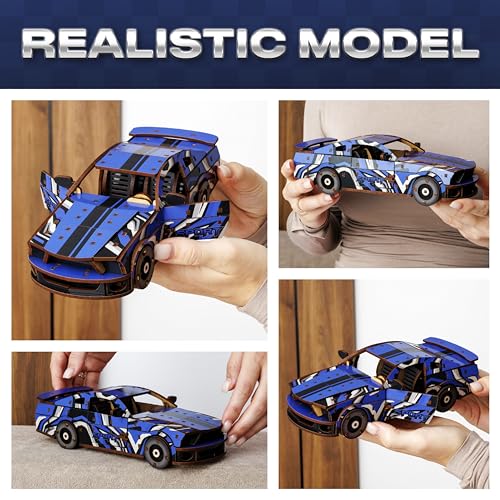 3D Wooden Puzzles – Blue Car Model Building Kits Adult - Adult DIY Building Sets – Gifts 3D Wooden Puzzles for Adults – 15+ Years Wood Building Kits - Creative Assembly for Adults - color: Blue