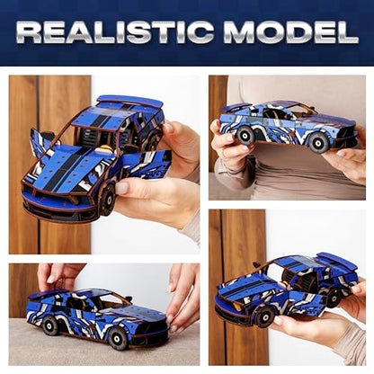 3D Wooden Puzzles – Blue Car Model Building Kits Adult - Adult DIY Building Sets – Gifts 3D Wooden Puzzles for Adults – 15+ Years Wood Building Kits - Creative Assembly for Adults - color: Blue