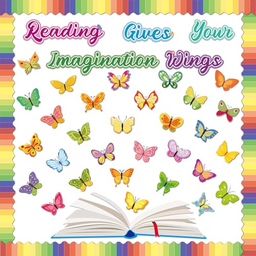 Reading Bulletin Board Decorations Set Classroom Spring Butterfly Bulletin Board Borders Cutouts Decor Reading Gives Your Imagination Wings School Bulletins Boards Craft Home Wall(Read) - style: Butterfly Reading