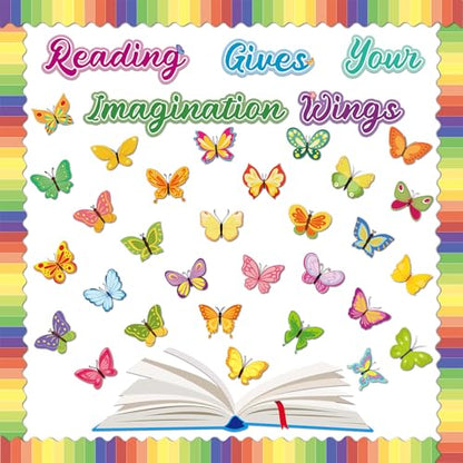 Reading Bulletin Board Decorations Set Classroom Spring Butterfly Bulletin Board Borders Cutouts Decor Reading Gives Your Imagination Wings School Bulletins Boards Craft Home Wall(Read) - style: Butterfly Reading