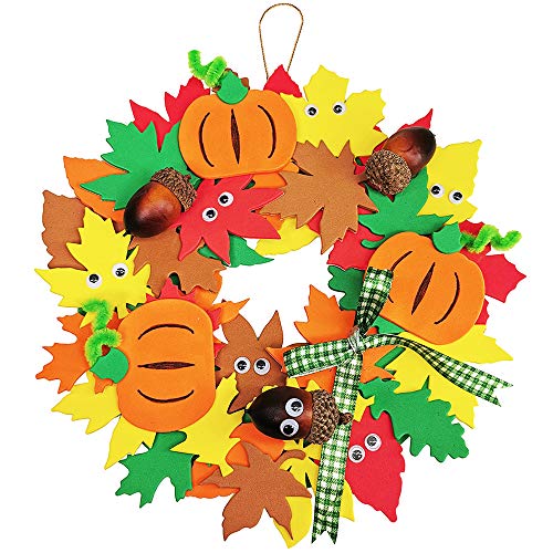 Supla 12 Kits 3D Pumpkin Fall Leaf Wreath Craft Kit DIY Thanksgiving Wreath with Maple Leaves Acorns Bows Wiggle Eyes for Kids Crafts Fall Thanksgiving Halloween Seasonal Decoration