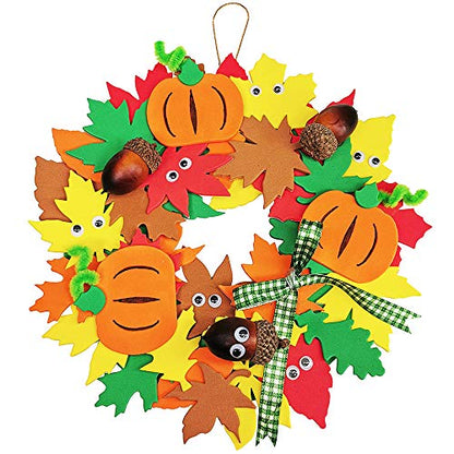 Supla 12 Kits 3D Pumpkin Fall Leaf Wreath Craft Kit DIY Thanksgiving Wreath with Maple Leaves Acorns Bows Wiggle Eyes for Kids Crafts Fall Thanksgiving Halloween Seasonal Decoration