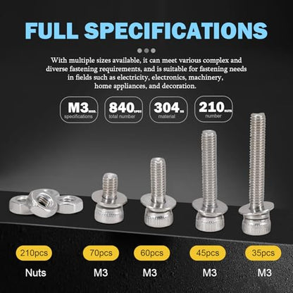 840Pcs M3 Self Tapping Screws Assortment Kit, 304 Stainless Steel Hex Washer Head Self Drilling Sheet Metal Screws, 4 Sizes (6mm, 10mm, 16mm, 20mm) for DIY - size: 3 mm, style: Hexagonal socket screw