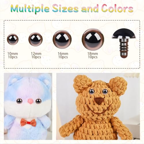 80pcs Safety Eyes for Amigurumi with Washers 10/12/16/18mm Brown Plastic Safety Eyes for Crochet Craft Dog Safety Eyes Gift for Crochet Lovers Halloween Decorations Stuffed Animals Crafting - size: 10-18mm