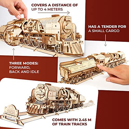 UGEARS Mini Locomotive + V-Express Steam Train with Tender Idea- 3D Wooden Puzzle Model Kits for Adults