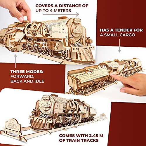 UGEARS V-Express Steam Train with Tender 3D Wooden Puzzles for Adults - Wooden Model Kits for Adults Model Train Steam Engine Kit Brain Teaser, Hobby Set Home Decoration