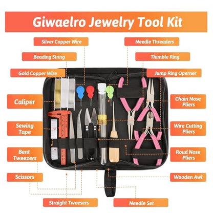 Giwaelro Jewelry Making Kit for Adults, Jewelry Making Supplies with Jewelry Making Tools, Jewelry Pliers, Jewelry Wires, Findings, Necklace Chains, Magnifier and Storage Bag (Pink) - color: Pink