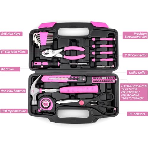 URASISTO 40-Piece Home Tool Kit with Easy Carrying Box, Small Basic Hand Tool Set Perfect for DIY Building, Home Maintenance and Woodworking, Great for College Students - PINK - color: Pink