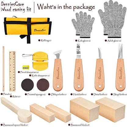 DenniesCare 20-Piece Wood Carving Kit for Beginners with Basswood Blocks