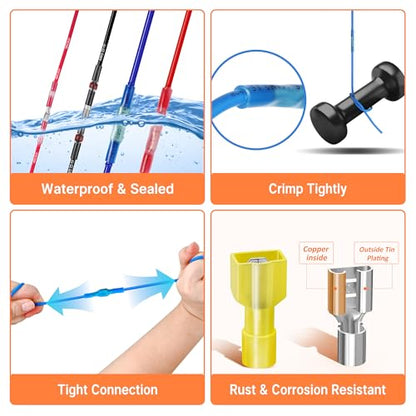 Kuject Ultimate Heat Shrink Wire Connectors, 1500PCS Waterproof Electrical Spade Connectors kit, Insulated Crimp Ring Fork Spade Terminal T-Tap Solder Butt Splice Connector for Marine Boat Truck