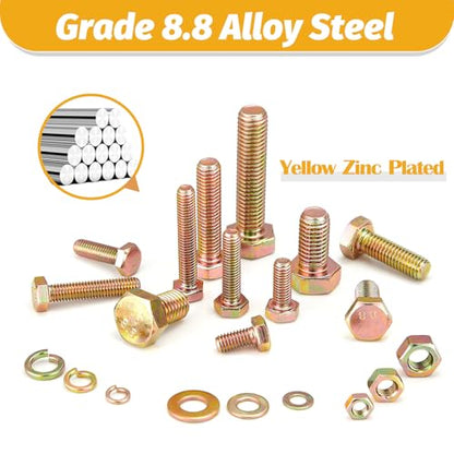 Kadrick 820Pcs Grade 8.8 Metric Bolt Assortment, M6 M8 M10 Hex Heavy Duty Bolts and Nuts Kit,M6 x1.0 M8 x1.25 M10-1.5 (12mm to 45mm),Yellow Zinc Plated - size: 820Pcs M6-M10 HEX Yellow