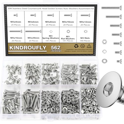 562 Pieces M3 x 4/6 /8/10 /12/16 /20mm Countersunk Head Socket Cap Screws Nuts Washers Assortment Kit, 304 Stainless Steel, Fully Machine Thread - size: M3, style: Countersunk Head Socket Cap