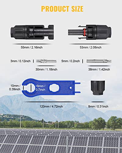 BougeRV 44PCS Solar Connector with Spanners IP67 Waterproof Solar Panel Cable Connectors Male/Female 22Pairs(10AWG) - size: 22 Pairs 10AWG Male/Female & 1 pair of spanners