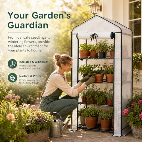 4‑Tier Mini Greenhouse, Small Walk‑in Green House, White - color: White, size: Small