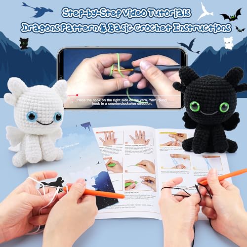 2PCS Dragons Crochet Kit for Beginners Crochet Starter Kit for Adults - color: Black White Dragon