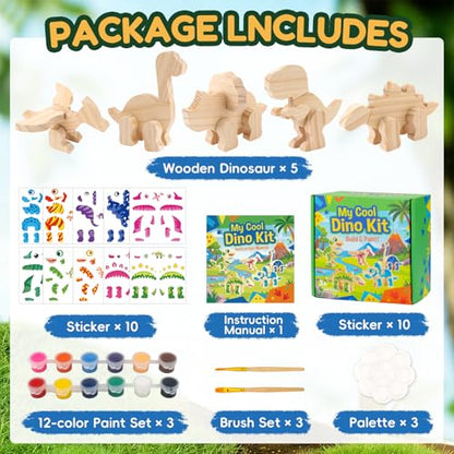 Coloring Wooden Dinosaur, DIY Building Toy with Paint and Stickers