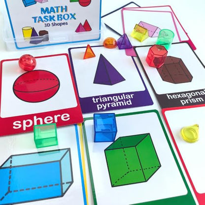 Math Task Boxes Set of 5 Math Manipulatives Themes 230+ Pieces of Number Rods, Base Ten Blocks, Ten Frame Disc Counters, Place Value Blocks, 0-9 Numbers, 3D Shapes, Activity Cards (3D Shapes) - color: 3d Shapes