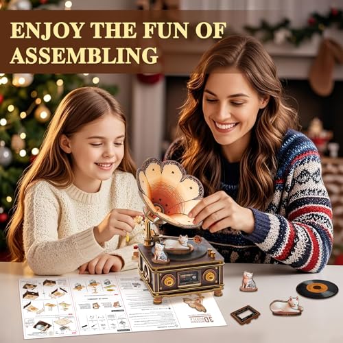 3D Wooden Puzzle Music Box for Adults-Cats Phonograph Music Box - color: Cats Phonograph Puzzle