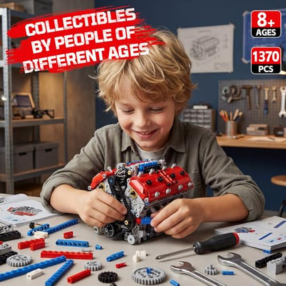 DOLIVE V8 Engine Model Kits that Runs, 1370PCS 8-Cylinder Engine Set with Battery & Motor, STEM Engineering Toys for Kids Adults, Mechanical Enthusiasts