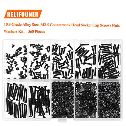 HELIFOUNER 560 Pieces M2.5 x 4mm /6mm /8mm /10mm /12mm /16mm /20mm, Countersunk Head Socket Cap Screws Bolts Washers Nuts Kit, 10.9 Grade Alloy Steel, Full Threaded, Black - size: M2.5, style: Countersunk Head