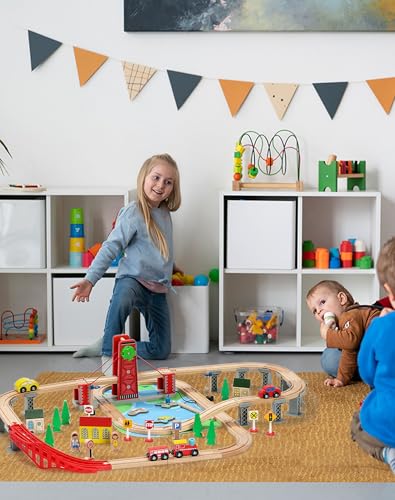 SainSmart Jr. Wooden Train Set for Toddler, Double-Side Wood Train Track with 4 Trains Fits Brio, Thomas, Melissa and Doug, Toy Railway Kit for Kids Ages 3+ - style: Classic or Traditional