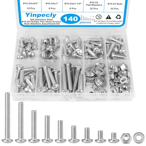 140pcs #10-24 Phillips Pan Head Machine Screws Nuts Washers Kit - size: #10-24