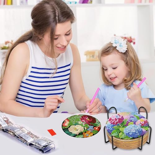 Xylogist 8 Pcs Flowers Diamond Art Coasters with Holder 4X4 inch - color: Flowers Coasters