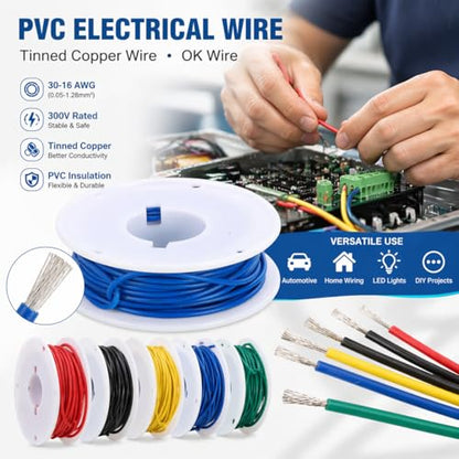 16 AWG Stranded Hook Up Wire Kit, 5 Colors 5m Each, 25m Total, Tinned Copper PVC Electronic Wire, 300V 80°C, 1.28mm², 2.4mm OD - color: Red Black Yellow Blue Green, size: 16AWG
