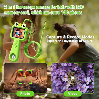 Kids Borescope with Light Borescope Camera for Kids Rechargeable STEM Science Educational Outdoor Toy with 32GB Card Nature Outside Exploration Birthday Gift for Boys Girls Ages 4,5,6,7,8,9,10,11,12