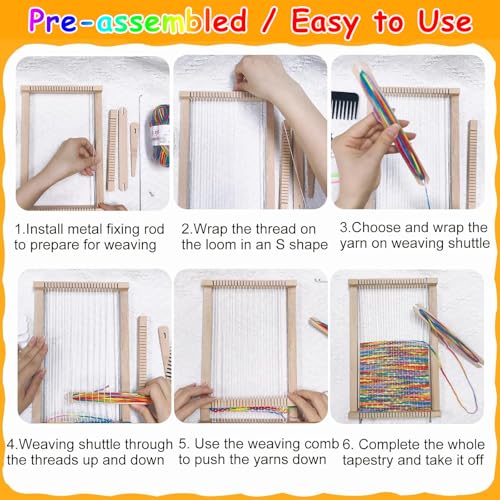 Wooden Weaving Loom Kit for Kids,Arts and Crafts Mini Weaving Loom with 13 roll Colorful Yarns,11.4" x 7.5" Hand-Knitting Frame Looms for Easy Weaving,Weaving Loom and Yarns for Beginners and Adults