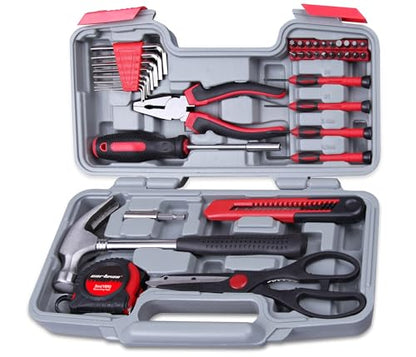 CARTMAN 39-Piece Household Tool Set, Red Hand Kit With Storage Case - color: Red