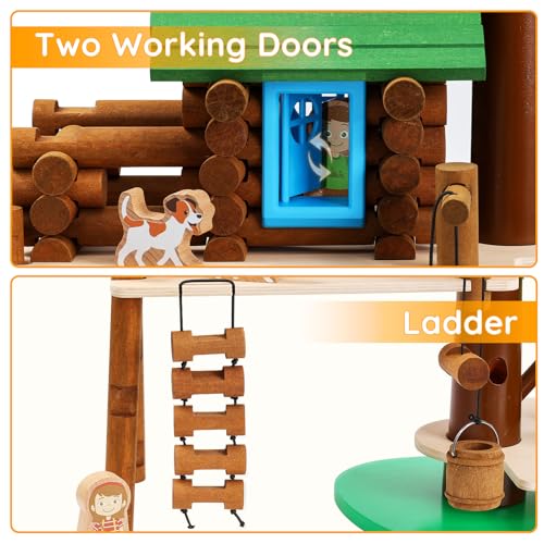 SainSmart Jr. 2-Tier Wooden Tree House Building Set – Educational Gift for Kids, Creative STEM Toy with Cabins and Interchangeable Leaves, STEM Retro Classic Toy Compatible with Lincoln Logs - style: 2-Tier Tree House - 84 Pcs