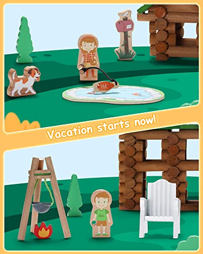 SainSmart Jr. 214 PCS Wooden Logs Cabin Set Ages 3, Building Log Gift for Boy/Girl, Creative Construction Engineering Educational Toy, Vacation Chalet - style: 214 PCS Holiday House