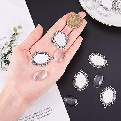 PH PandaHall 60pcs Bezel Pendant Blanks Settings - 30pcs Oval Pendant Trays Photo Charms with 30pcs Glass Cabochons for Wedding Brides Bridal Bouquet Charm Necklace Jewelry Making, 25x18mm - size: Tray: 25x18mm