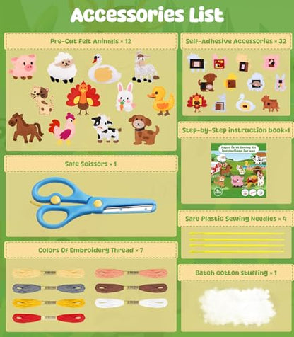 YEETIN Sewing Kit for Kids Ages 6+, Make 12 Felt Farm Animals DIY Craft Set - color: Farm