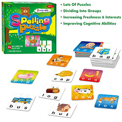 72 Word Spelling Puzzles with Error-Correction Mechanism in 3 Pieces, Perfect for Preschool Learning (36 Block Double Sided) - style: 36 Blocks Double Sided-B