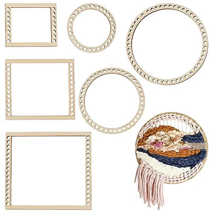 BENECREAT 6Pcs Weaving Loom Kit, Wooden Mini DIY Weaving Loom Rectangle and Round Weaving Looms for Hanging Decor Woven Tapestry Knitted Crafts Making