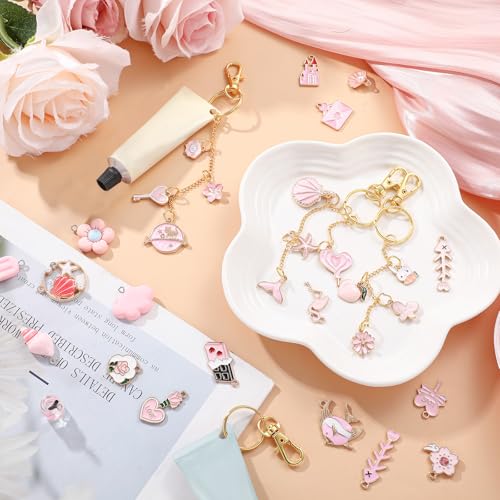 VioraWhite 213 Pcs Keychain Making Kit Bag Charm Kit Lip Gloss Key Chain 100 Pink Enamel Charms 32.81 ft Gold Chains for Galentines DIY Crafts Women(Elegant) - style: Elegant